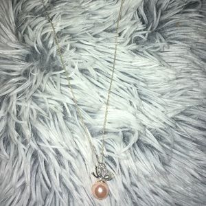 Sterling Silver Butterfly and Pink Pearl Necklace